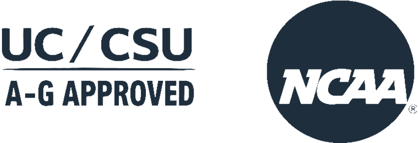 UC/CSU A-G approved and NCAA logos displayed in black on a white background, representing academic recognition and athletic eligibility standards.
